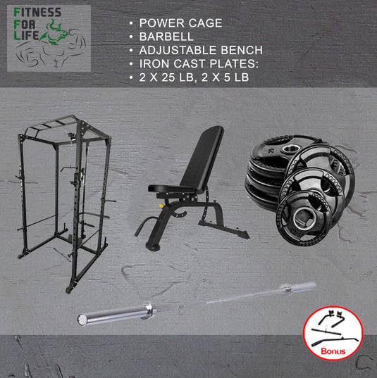 Power Rack Lat Pulldown Bundle + Bench HD (Rubber Tri grip Plates )